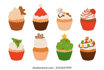 Christmas cupcakes with festive decoration. Santa hat, christmas tree, snowman, peppermint topping and icing. Merry Christmas. Xmas sweets Vector illustrations.