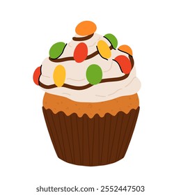 Christmas cupcakes with festive decoration. Santa hat, christmas tree, snowman, peppermint topping and icing. Merry Christmas. Xmas sweets Vector illustrations.