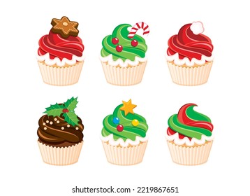 Christmas cupcakes icon set vector. Christmas red and green cream cupcake icons vector isolated on a white background. Christmas baking drawing