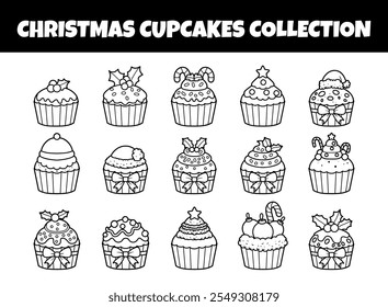 Christmas cupcakes outline vector illustration set