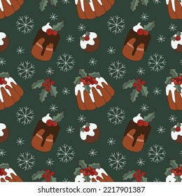 Christmas cupcakes seamless pattern. Trendy retro style vector background.