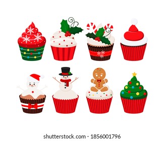 Christmas cupcakes set - cute winter sweets food. Xmas icing muffin santa claus hat, snowman, christmas tree, sugar cream with mistletoe, giengerbread man. Flat cartoon dessert vector illustration.