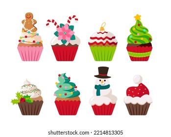 Christmas cupcakes set - cute winter sweets food. Xmas icing muffin santa claus hat, snowman, christmas tree, sugar cream with mistletoe, giengerbread man. Flat cartoon dessert vector illustration.