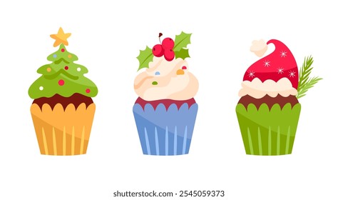 Conjunto de cupcakes de Navidades - linda comida de dulces de invierno. Muffin glaseado de Navidad sombrero de santa claus, muñeco de nieve, árbol de Navidad, crema de azúcar con muérdago, hombre de jengibre. Ilustración vectorial de postre de dibujos animados plana.