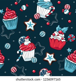 Christmas cupcakes and sweets vector seamless pattern. Hand drawn cupcakes and candies on dark green background with stars. Perfect for fabric and wrapping.