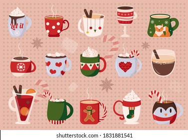 Christmas cups with different design,isolated cups,christmas drinks