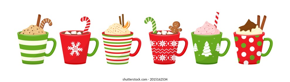 tazas de Navidad con bebidas. Vector de chocolate caliente. Icono de la taza de vacaciones, cacao o café, y crema. Caña de caramelo, palos de canela, malvaviscos. Ilustración de invierno