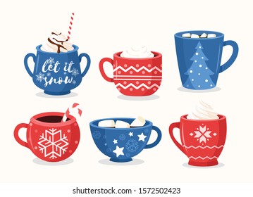 Christmas cups flat vector illustrations set. Festive mugs with ornaments, New Years tree, snowflakes and lettering. Cups with coffee and cocoa design element. Winter season drinks.