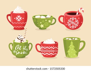 Christmas cups flat vector illustrations set. Festive mugs with ornaments, snowflakes and lettering. Cups with coffee and cocoa, hot chocolate in cups with design element. Winter season drinks