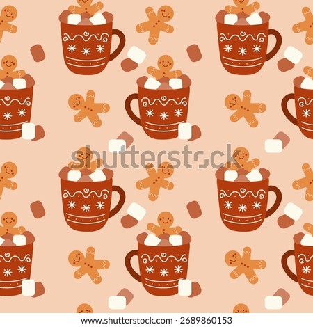 Christmas cups of hot chocolate with marshmallows and gingerbread men. Pattern with brown mugs of hot cocoa decorated with snowflake ornament. Vector illustration