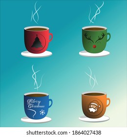 Christmas cups for hot drinks like coffee, tea, chocolate on Winter. Vector cartoon illustrations	