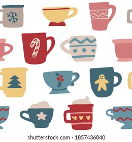 Christmas cups and mugs. Decorative vector seamless pattern with vessels with winter holidays drinks. Colorful hand drawn background.
