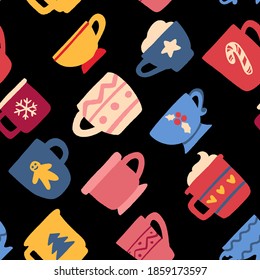 Christmas cups and mugs. Decorative vector seamless pattern with vessels with winter holidays drinks. Colorful hand drawn background.