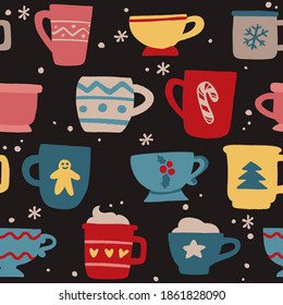 Christmas cups and mugs. Decorative vector seamless pattern with vessels with winter holidays drinks. Colorful hand drawn background.