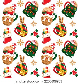 Christmas cups in the shape of a Santa Claus, christmas tree and gift boxes. Cute print. Seamless pattern. Vector.