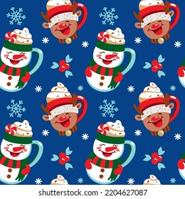 Christmas cups in the shape of a snowman and deer on blue background. Seamless pattern. Vector.