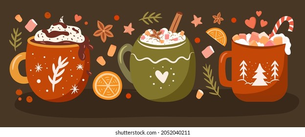 Christmas cups vector set. Collection of winter drinks in cozy mugs and sweets. Hand drawn flat illustration