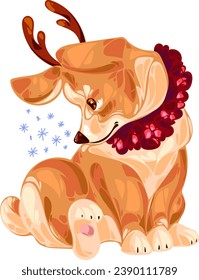 Christmas curious puppy Welsh Corgi Pembroke with a hat in the form of deer antlers looks at snowflakes