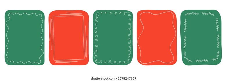 Navidades de marcos rizados en colores rojo y verde. Fronteras de remolino decorativas para tarjetas de felicitación festivas, invitaciones y diseño de vacaciones. Vector