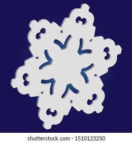 Christmas cut 3d snowflake on blue background. Vector illustration - postcard. Colorful concept with expressive forms and colors. White festive symbol of frost, cold weather, snow, winter holidays.