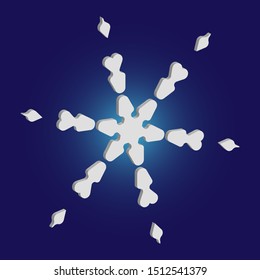 Christmas cut 3d snowflake on blue background. Clean concept with expressive forms and colors. Vector illustration - art. White festive symbol of frost, cold weather, snow, winter holidays.