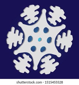 Christmas cut 3d snowflake on blue background. Vector illustration - texture. Cool concept with expressive forms and colors. White festive symbol of frost, cold weather, snow, winter holidays.