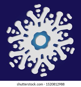 Christmas cut 3d snowflake on blue background. Geometric concept with expressive forms and colors. Vector illustration - postcard. White festive symbol of frost, cold weather, snow, winter holidays.