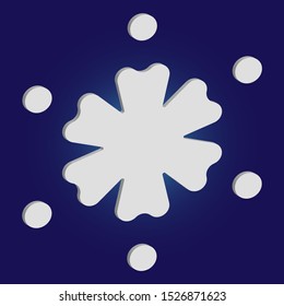 Christmas cut 3d snowflake on blue background. Original concept with expressive forms and colors. Vector illustration - icon. White festive symbol of frost, cold weather, snow, winter holidays.