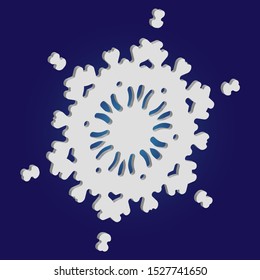 Christmas cut 3d snowflake on blue background. Vector illustration - poster. Clean concept with expressive forms and colors. White festive symbol of frost, cold weather, snow, winter holidays.