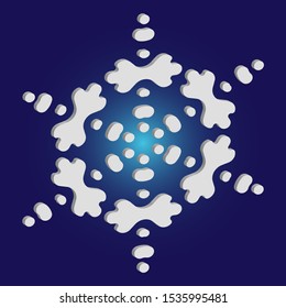 Christmas cut 3d snowflake on blue background. Magic concept with expressive forms and colors. Vector illustration - overlay. White festive symbol of frost, cold weather, snow, winter holidays.