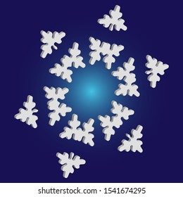 Christmas cut 3d snowflake on blue background. Colorful concept with expressive forms and colors. Vector illustration - decoration. White festive symbol of frost, cold weather, snow, winter holidays.