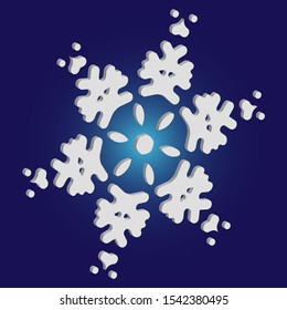 Christmas cut 3d snowflake on blue background. Original concept with expressive forms and colors. Vector illustration - wallpaper. White festive symbol of frost, cold weather, snow, winter holidays.