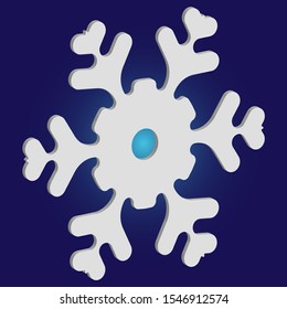 Christmas cut 3d snowflake on blue background. Original concept with expressive forms and colors. Vector illustration - frame. White festive symbol of frost, cold weather, snow, winter holidays.