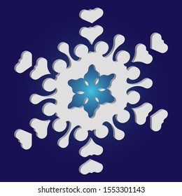 Christmas cut 3d snowflake on blue background. Vector illustration - shape. Clean concept with expressive forms and colors. White festive symbol of frost, cold weather, snow, winter holidays.