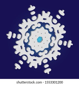 Christmas cut 3d snowflake on blue background. Colorful concept with expressive forms and colors. Vector illustration - poster. White festive symbol of frost, cold weather, snow, winter holidays.