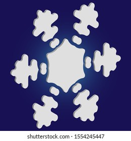 Christmas cut 3d snowflake on blue background. Geometric concept with expressive forms and colors. Vector illustration - poster. White festive symbol of frost, cold weather, snow, winter holidays.