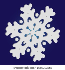 Christmas cut 3d snowflake on blue background. Vector illustration - pattern. Creative concept with expressive forms and colors. White festive symbol of frost, cold weather, snow, winter holidays.