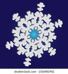Christmas cut 3d snowflake on blue background. Effective concept with expressive forms and colors. Vector illustration - frame. White festive symbol of frost, cold weather, snow, winter holidays.