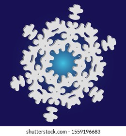 Christmas cut 3d snowflake on blue background. Colorful concept with expressive forms and colors. Vector illustration - icon. White festive symbol of frost, cold weather, snow, winter holidays.