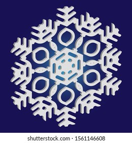 Christmas cut 3d snowflake on blue background. Vector illustration - postcard. Effective concept with expressive forms and colors. White festive symbol of frost, cold weather, snow, winter holidays.