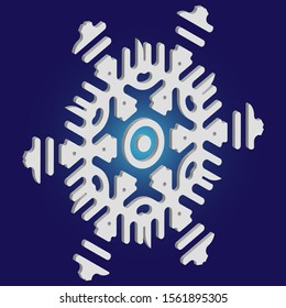 Christmas cut 3d snowflake on blue background. Creative concept with expressive forms and colors. Vector illustration - art. White festive symbol of frost, cold weather, snow, winter holidays.