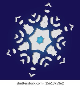 Christmas cut 3d snowflake on blue background. Cool concept with expressive forms and colors. Vector illustration - icon. White festive symbol of frost, cold weather, snow, winter holidays.