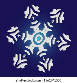 Christmas cut 3d snowflake on blue background. Vector illustration - icon. Effective concept with expressive forms and colors. White festive symbol of frost, cold weather, snow, winter holidays.