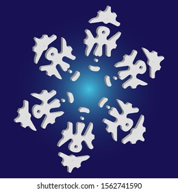 Christmas cut 3d snowflake on blue background. Geometric concept with expressive forms and colors. Vector illustration - poster. White festive symbol of frost, cold weather, snow, winter holidays.