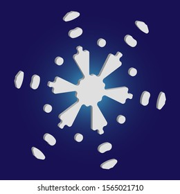 Christmas cut 3d snowflake on blue background. Creative concept with expressive forms and colors. Vector illustration - pattern. White festive symbol of frost, cold weather, snow, winter holidays.