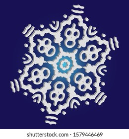 Christmas cut 3d snowflake on blue background. Vector illustration - art. Effective concept with expressive forms and colors. White festive symbol of frost, cold weather, snow, winter holidays.