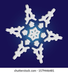 Christmas cut 3d snowflake on blue background. Vector illustration - pattern. Abstract concept with expressive forms and colors. White festive symbol of frost, cold weather, snow, winter holidays.