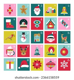 Christmas cute advent calendar with minimal icons set. Template print for greeting cards and stickers. Vector illustration