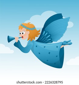 Christmas cute angel flying in the blue sky with clouds. Vector flat illustration.