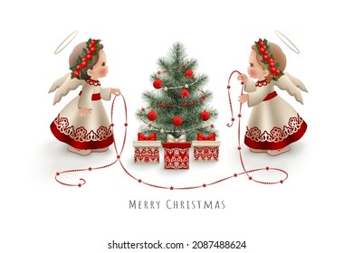 Christmas cute angels with presents decorating Christmas tree with red garland. Angels with wreaths in beautiful openwork dresses. Vintage vector greeting card